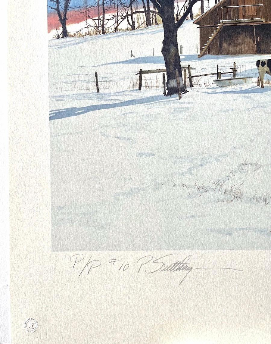 DOMINO Signed Lithograph, Bucks County Landscape, Historic Stone Farmhouse, Cow 1