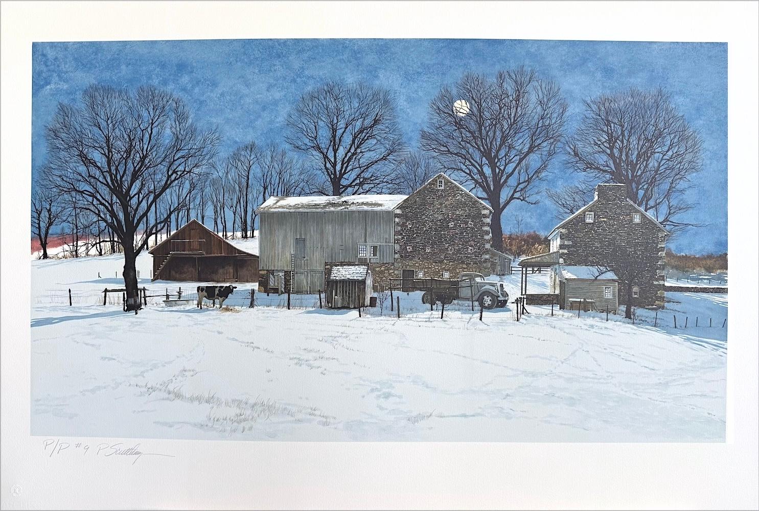 DOMINO Litografía firmada, Paisaje del condado de Bucks, Granja histórica de piedra, Vaca - Print Realista de Peter Sculthorpe