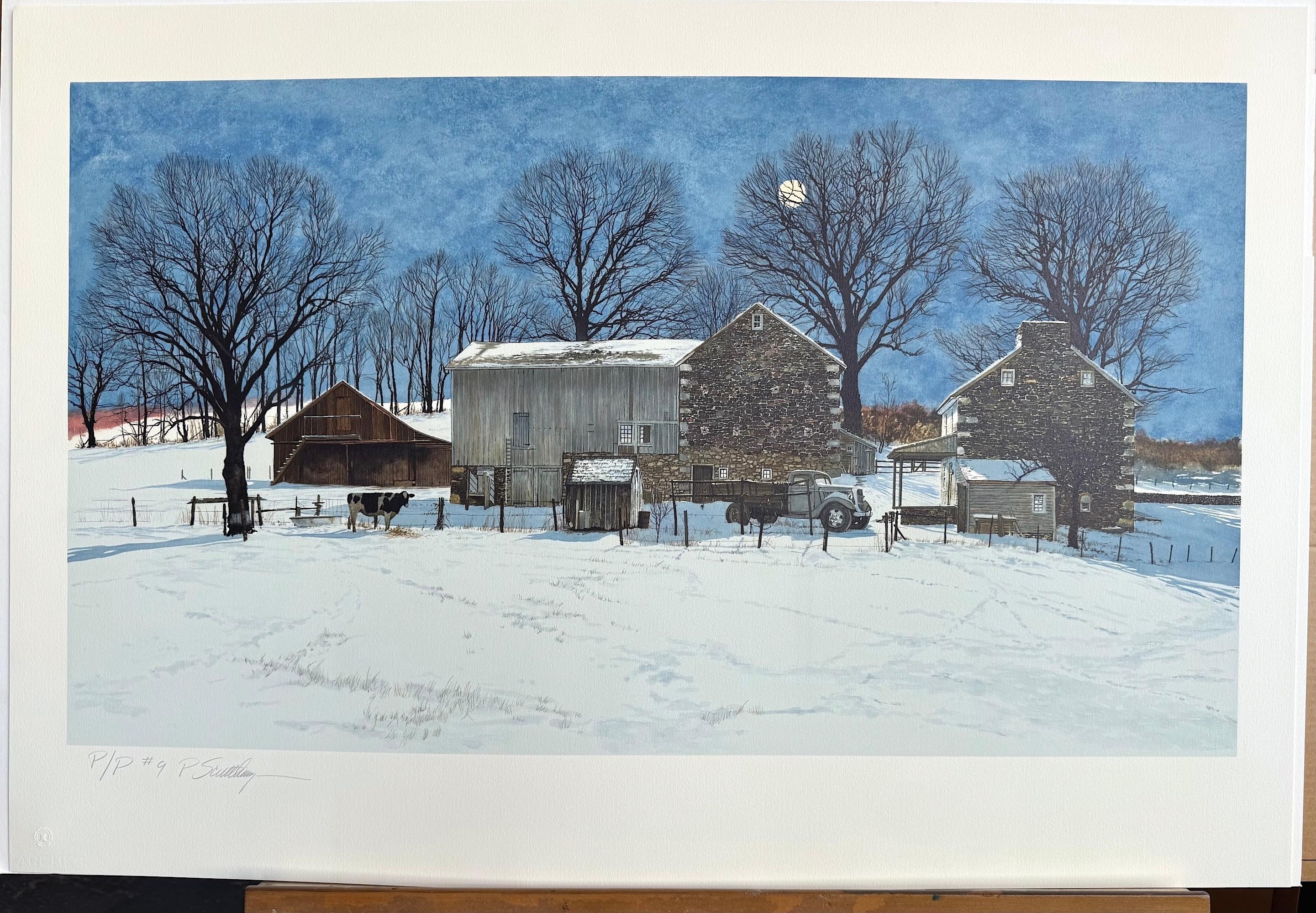 Lithographie signée DOMINO, paysage du comté de Bucks, ferme historique en pierre, vache - Réalisme Print par Peter Sculthorpe
