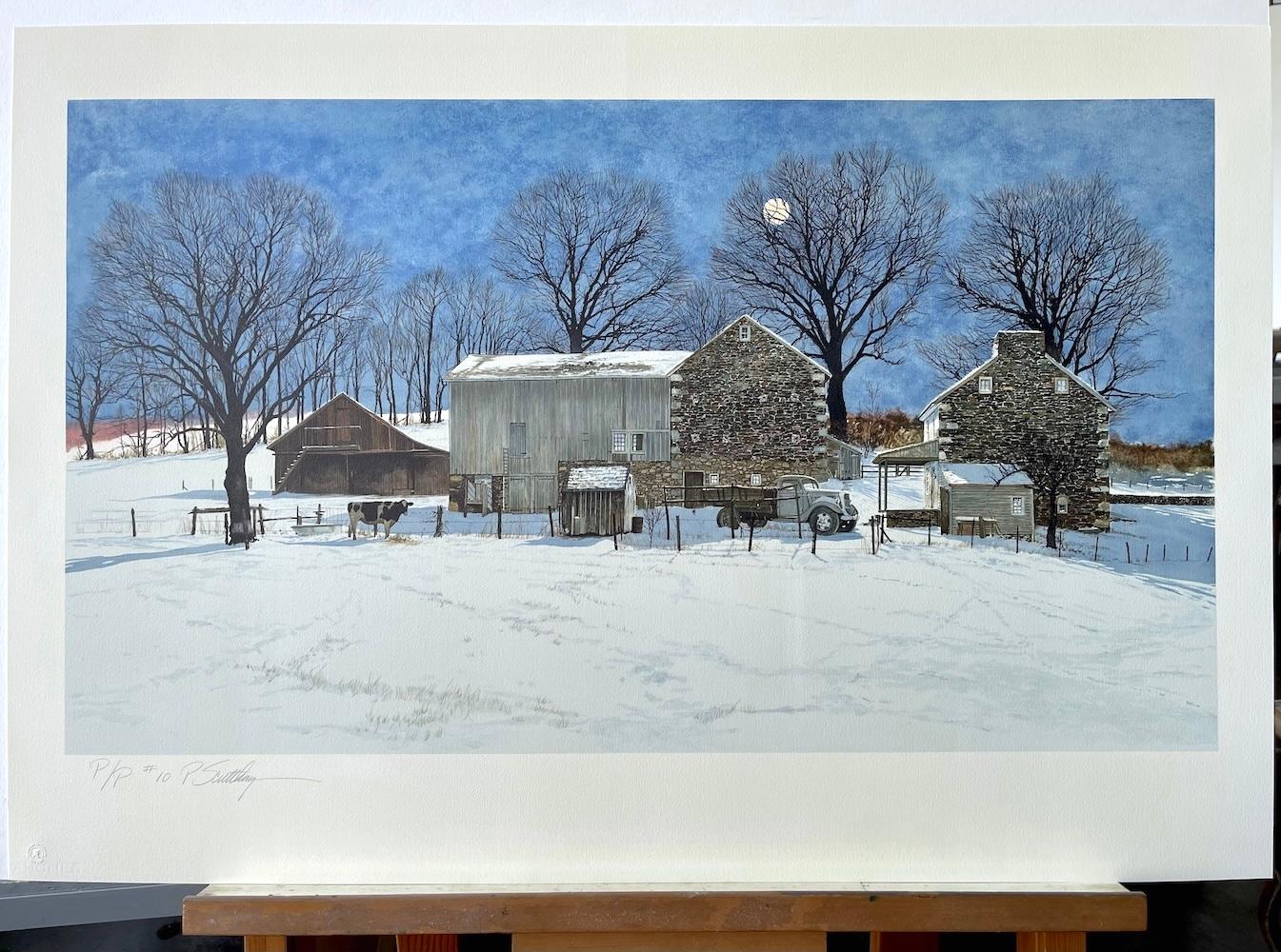 DOMINO Signed Lithograph, Bucks County Landscape, Historic Stone Farmhouse, Cow 2