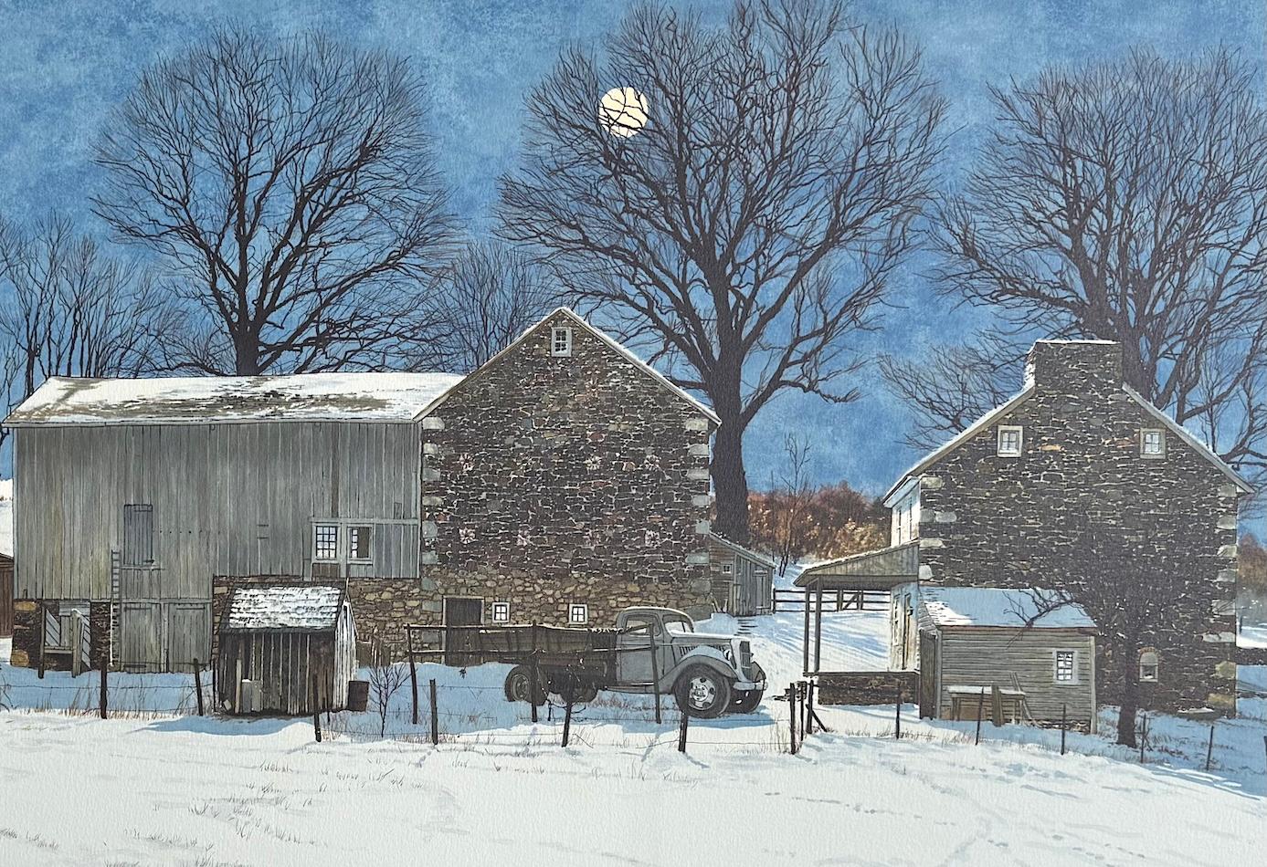 Lithographie signée DOMINO, paysage du comté de Bucks, ferme historique en pierre, vache en vente 1