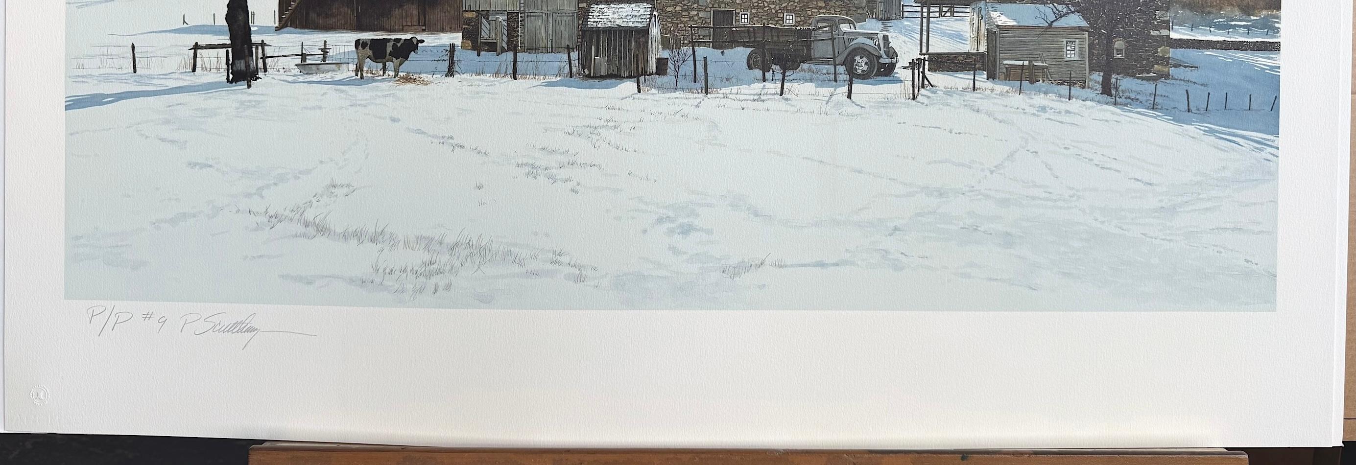 DOMINO Litografía firmada, Paisaje del condado de Bucks, Granja histórica de piedra, Vaca en venta 3
