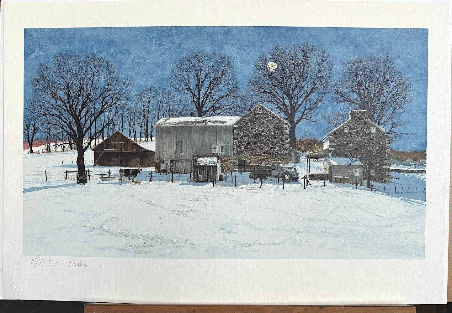 Lithographie signée DOMINO, paysage du comté de Bucks, ferme historique en pierre, vache en vente 4