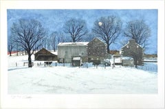 Vintage DOMINO Signed Lithograph, Bucks County Landscape, Historic Stone Farmhouse, Cow