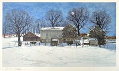 DOMINO Signed Lithograph, Bucks County Landscape, Historic Stone Farmhouse, Cow