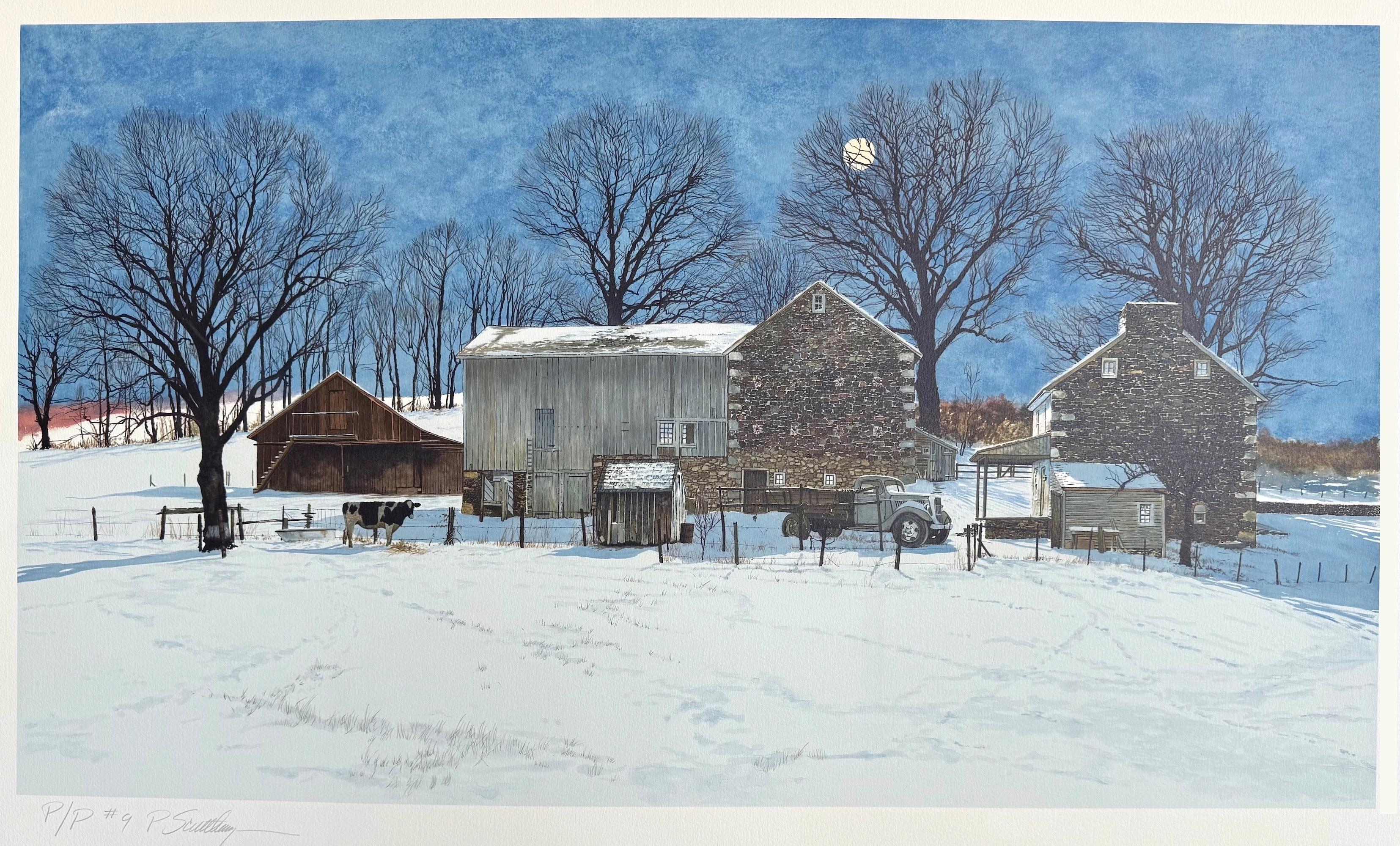 Animal Print Peter Sculthorpe - Lithographie signée DOMINO, paysage du comté de Bucks, ferme historique en pierre, vache