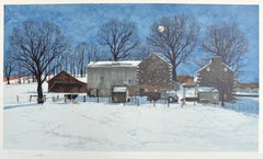 Lithographie signée DOMINO, paysage du comté de Bucks, ferme historique en pierre, vache
