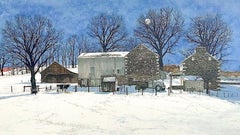DOMINO Signed Lithograph, Historic Stone Farmhouse, Bucks County Landscape, Cow