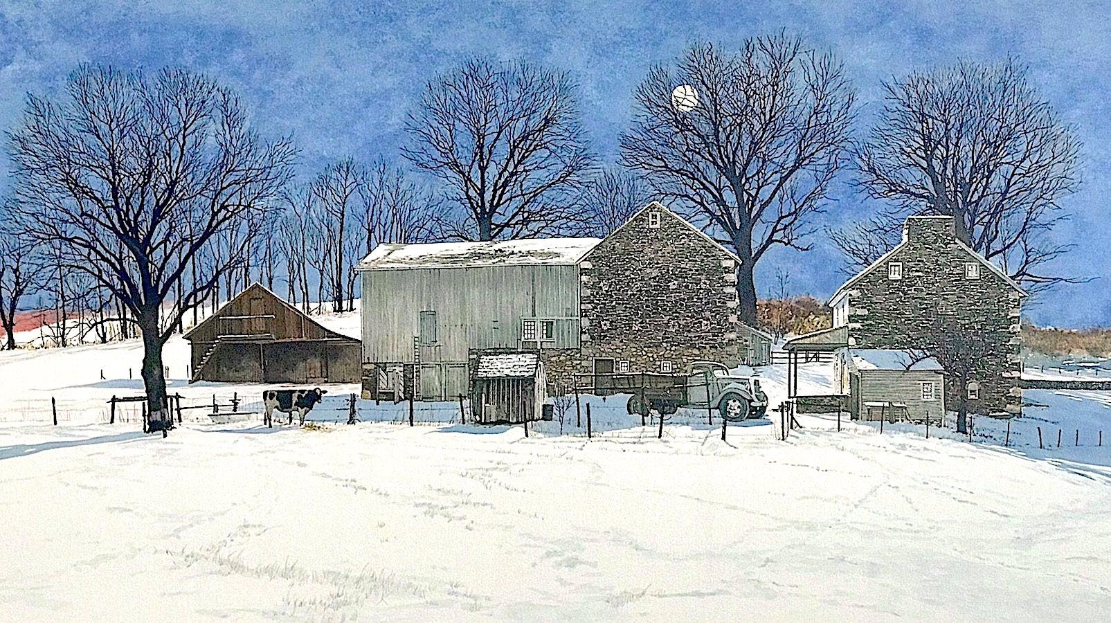 DOMINO Signed Lithograph, Bucks County Landscape, Historic Stone Farmhouse, Cow
