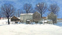 Vintage DOMINO Signed Lithograph, Bucks County Landscape, Historic Stone Farmhouse, Cow