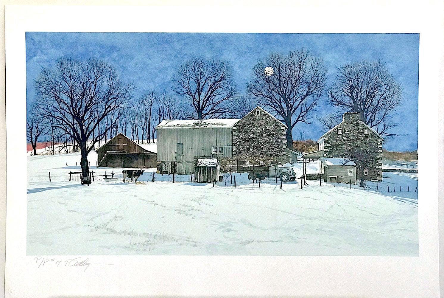 DOMINO Signed Lithograph, Historic Stone Farmhouse, Bucks County Landscape, Cow - Blue Landscape Print by Peter Sculthorpe