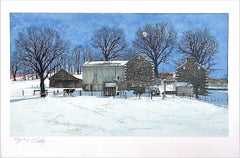 Retro DOMINO Signed Lithograph, Historic Stone Farmhouse, Bucks County Landscape, Cow