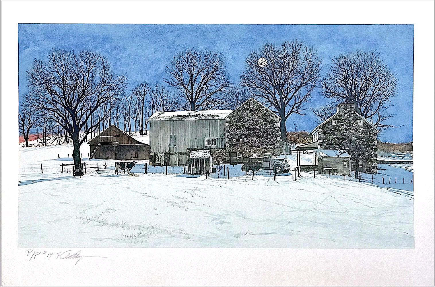 Peter Sculthorpe Landscape Print - DOMINO Signed Lithograph, Historic Stone Farmhouse, Bucks County Landscape, Cow