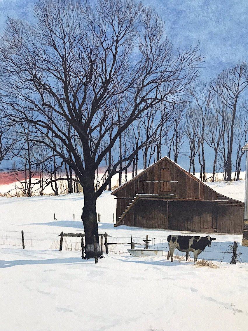 DOMINO Signed Lithograph, Historic Stone Farmhouse, Bucks County Landscape, Cow - Print by Peter Sculthorpe