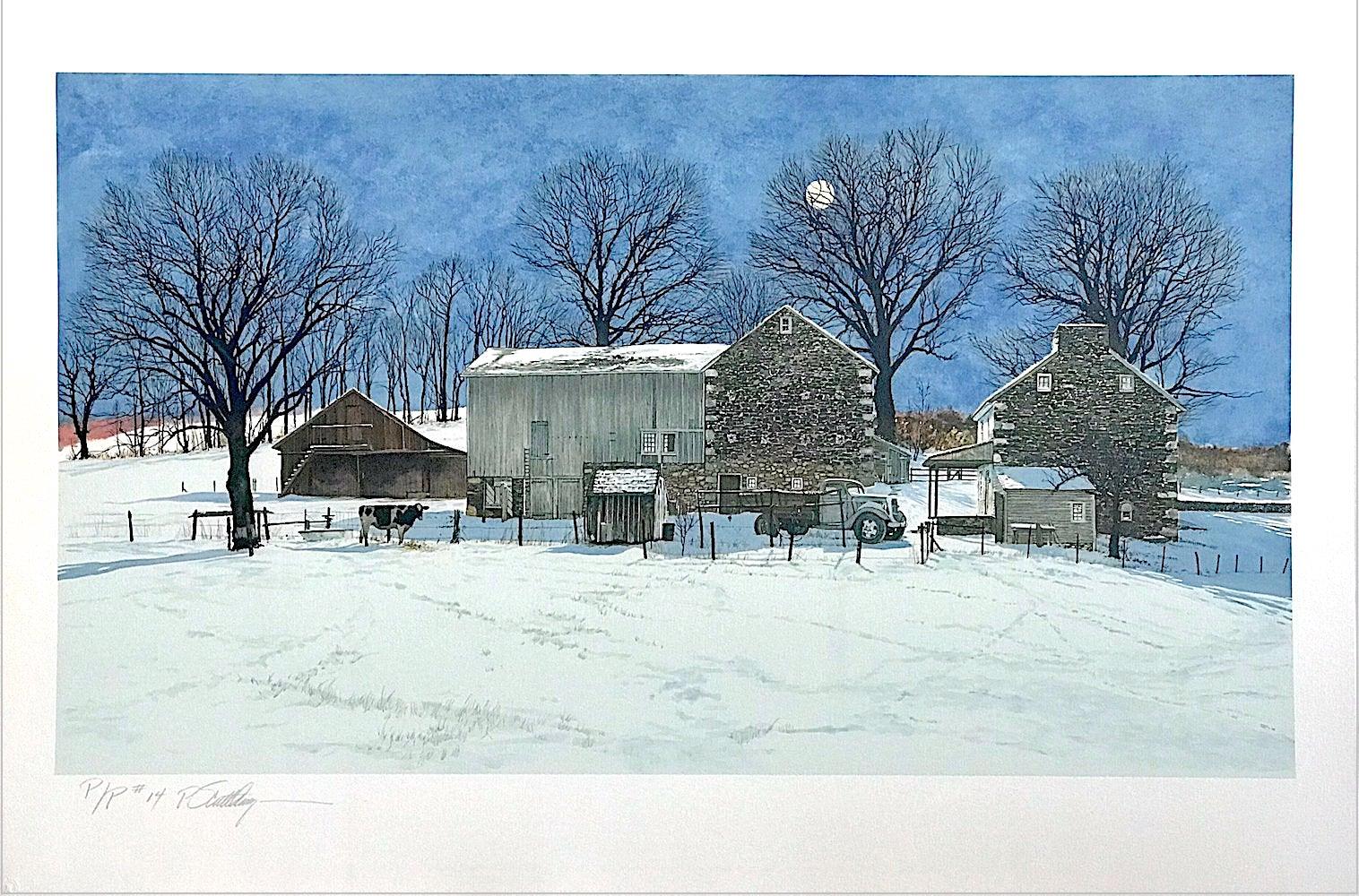 Peter Sculthorpe Animal Print - DOMINO Signed Lithograph, Historic Stone Farmhouse, Bucks County Landscape, Cow