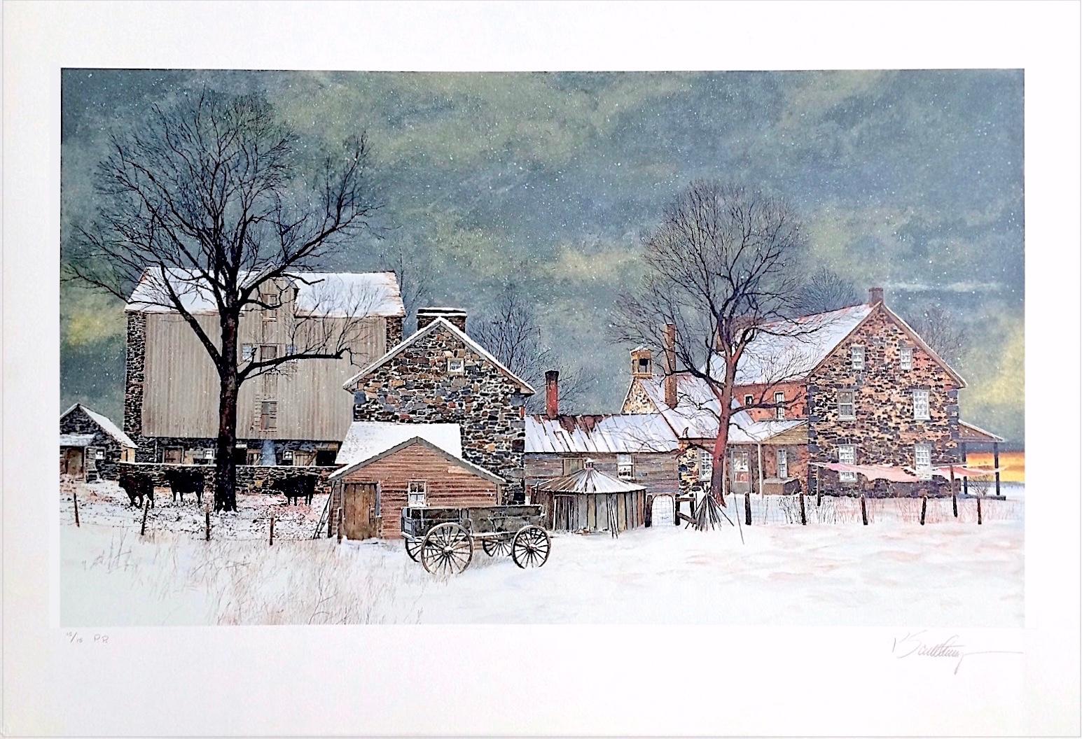 Peter Sculthorpe Landscape Print - HEARTLAND Hand Drawn Lithograph, Historic Stone Farmhouse Cow Barn Bucks County