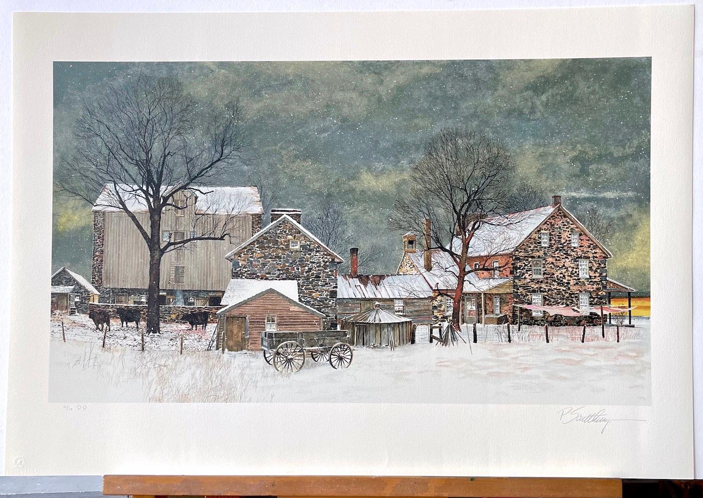 HEARTLAND Hand Drawn Lithograph, Winter Landscape Stone Farmhouse Bucks County For Sale 5
