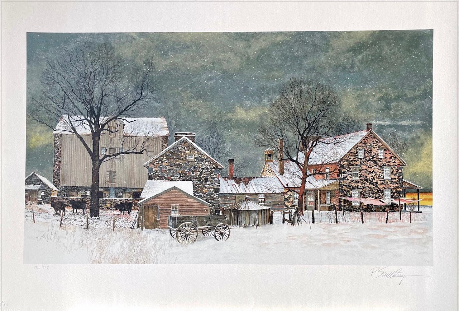 HEARTLAND Litografía dibujada a mano, Paisaje invernal Granja de piedra Condado de Bucks - Print de Peter Sculthorpe