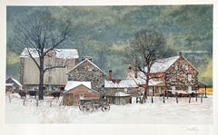 HEARTLAND Handgezeichnete Lithographie, Winterlandschaft, Stein-Bauernhaus Bucks County