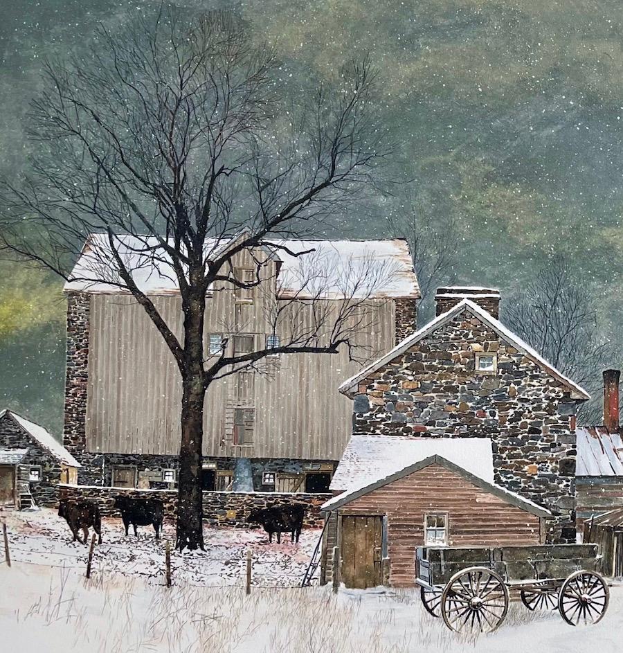 HEARTLAND Litografía dibujada a mano, Paisaje invernal Granja de piedra Condado de Bucks - Animal Print Gris de Peter Sculthorpe