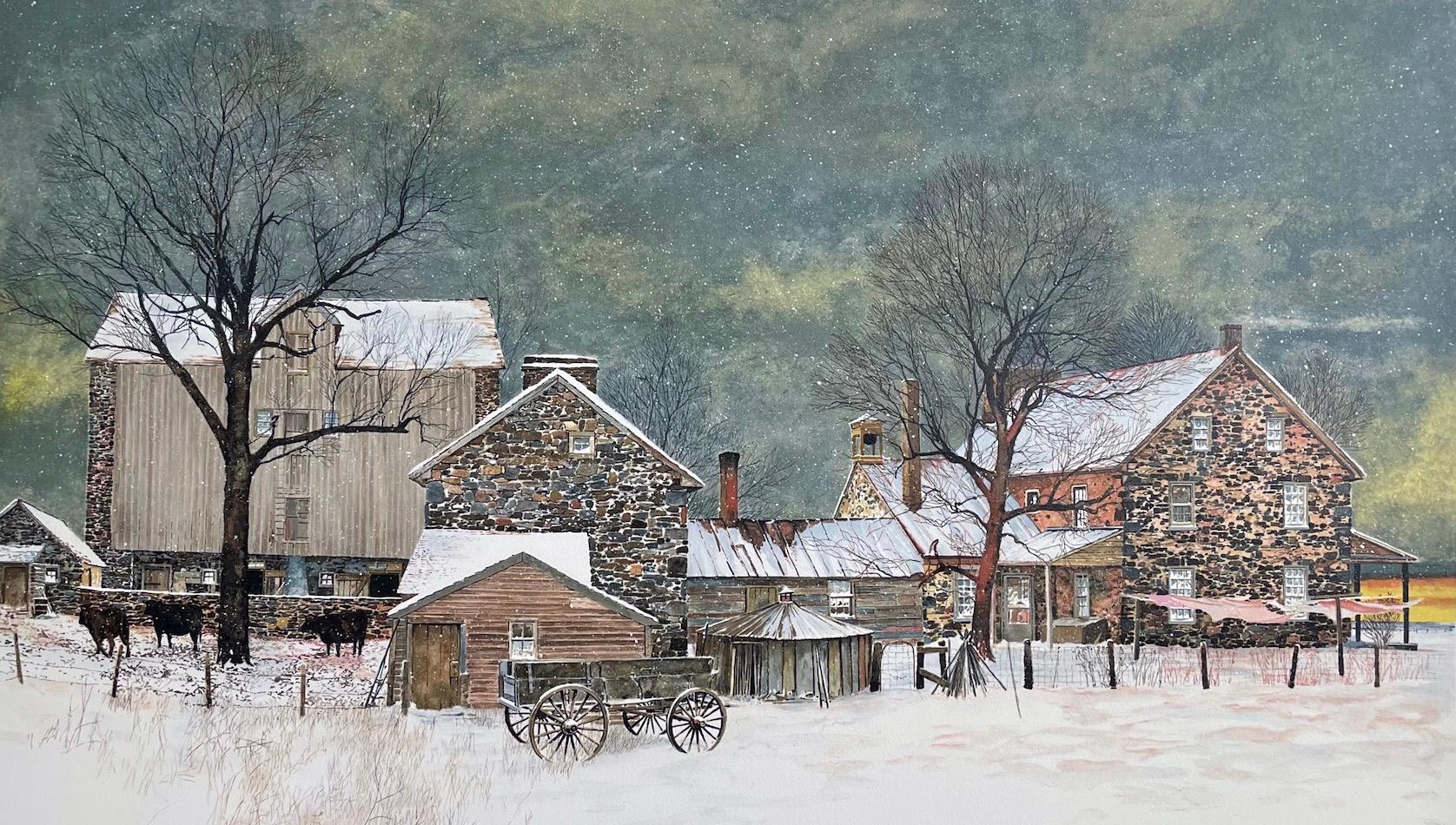 HEARTLAND Litografía dibujada a mano, Paisaje invernal Granja de piedra Condado de Bucks - Print Realista de Peter Sculthorpe