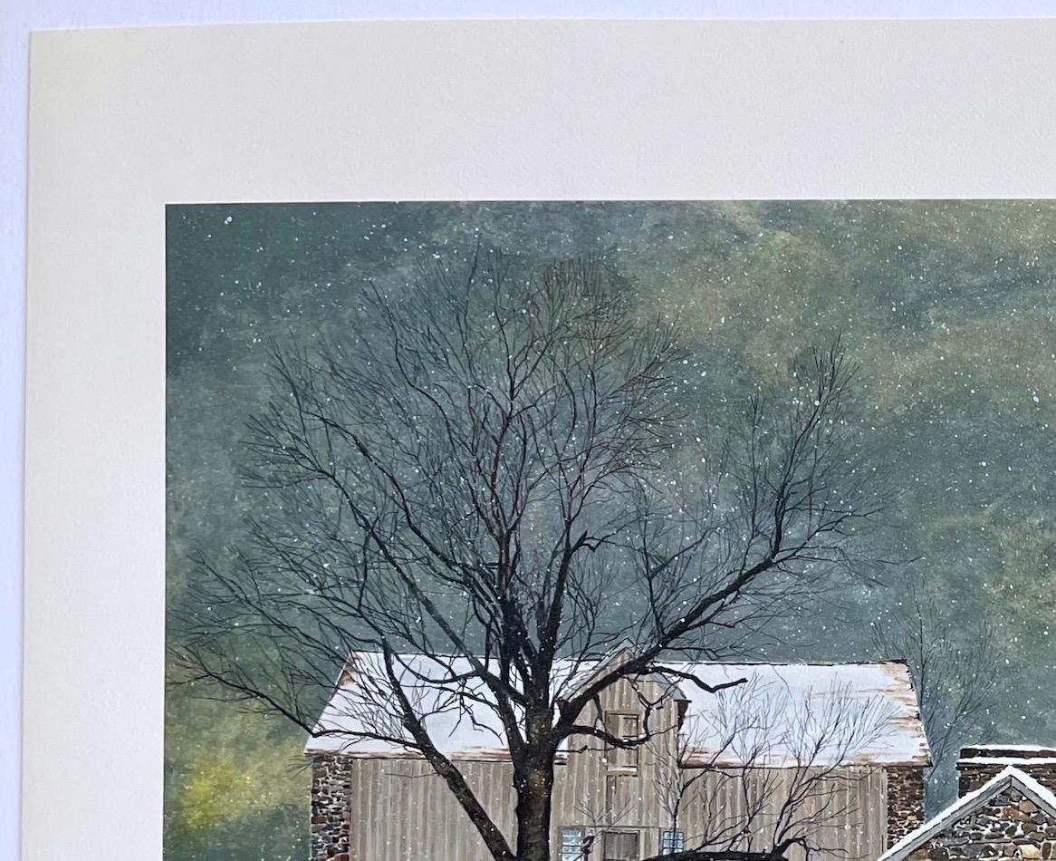 HEARTLAND Hand Drawn Lithograph, Winter Landscape Stone Farmhouse Bucks County For Sale 1
