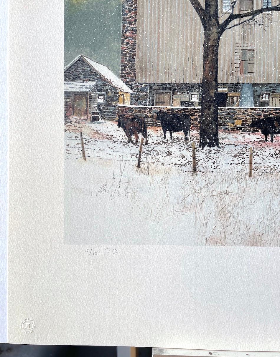 HEARTLAND Hand Drawn Lithograph, Winter Landscape Stone Farmhouse Bucks County For Sale 3