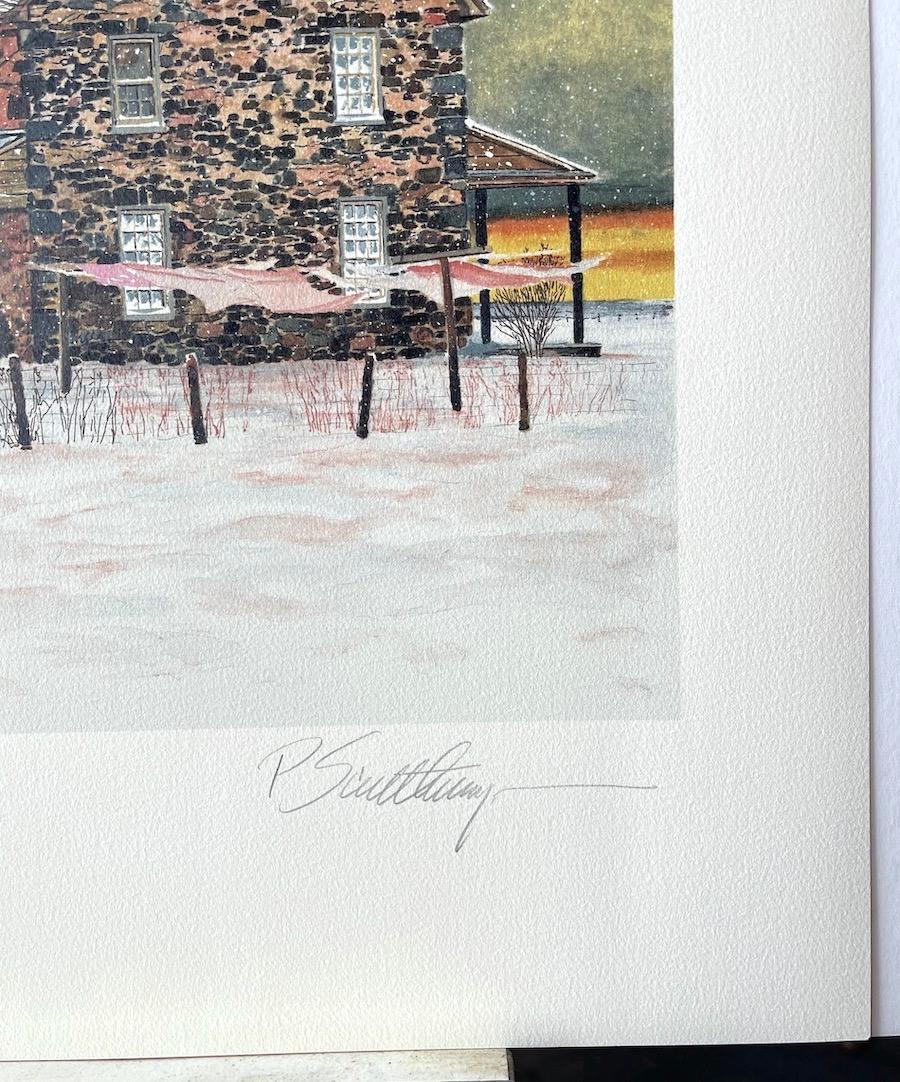 HEARTLAND Hand Drawn Lithograph, Winter Landscape Stone Farmhouse Bucks County For Sale 4