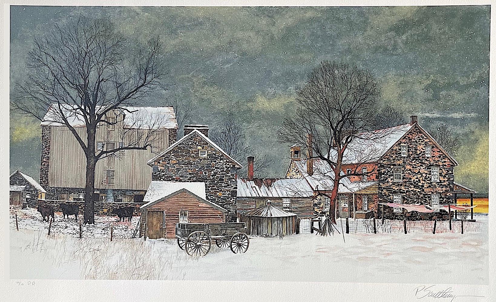 Animal Print de Peter Sculthorpe - HEARTLAND Litografía dibujada a mano, Paisaje invernal Granja de piedra Condado de Bucks