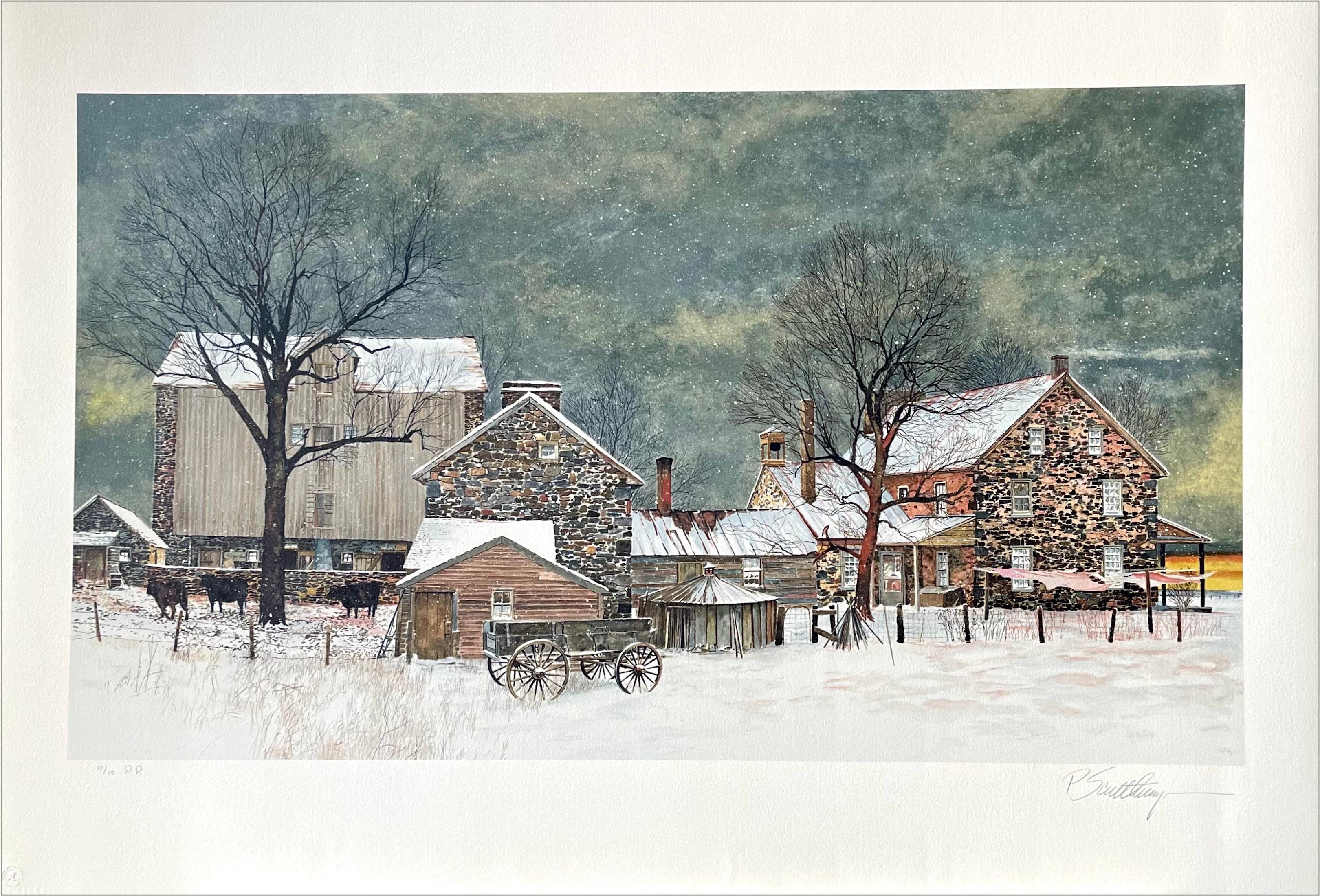 HEARTLAND Litografia disegnata a mano, Paesaggio invernale Fattoria in pietra Bucks County