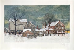 HEARTLAND Hand Drawn Lithograph, Winter Landscape Stone Farmhouse Bucks County