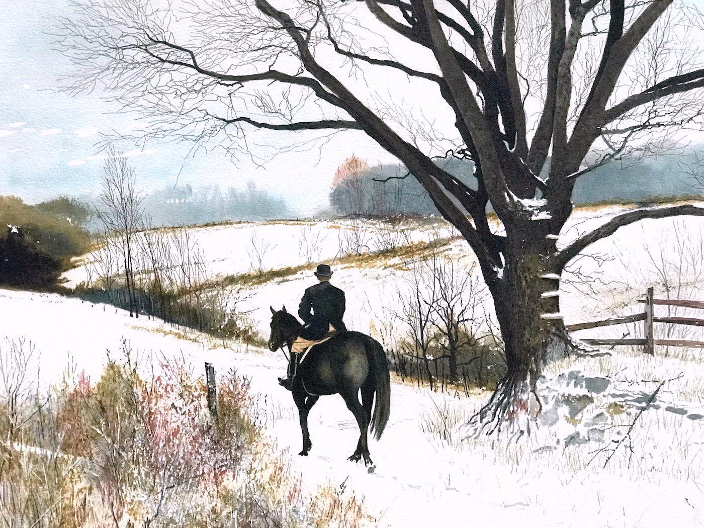 HILLTOPPER Signed Lithograph, Snow Covered Hilltop, Equestrian English Riding - Print by Peter Sculthorpe