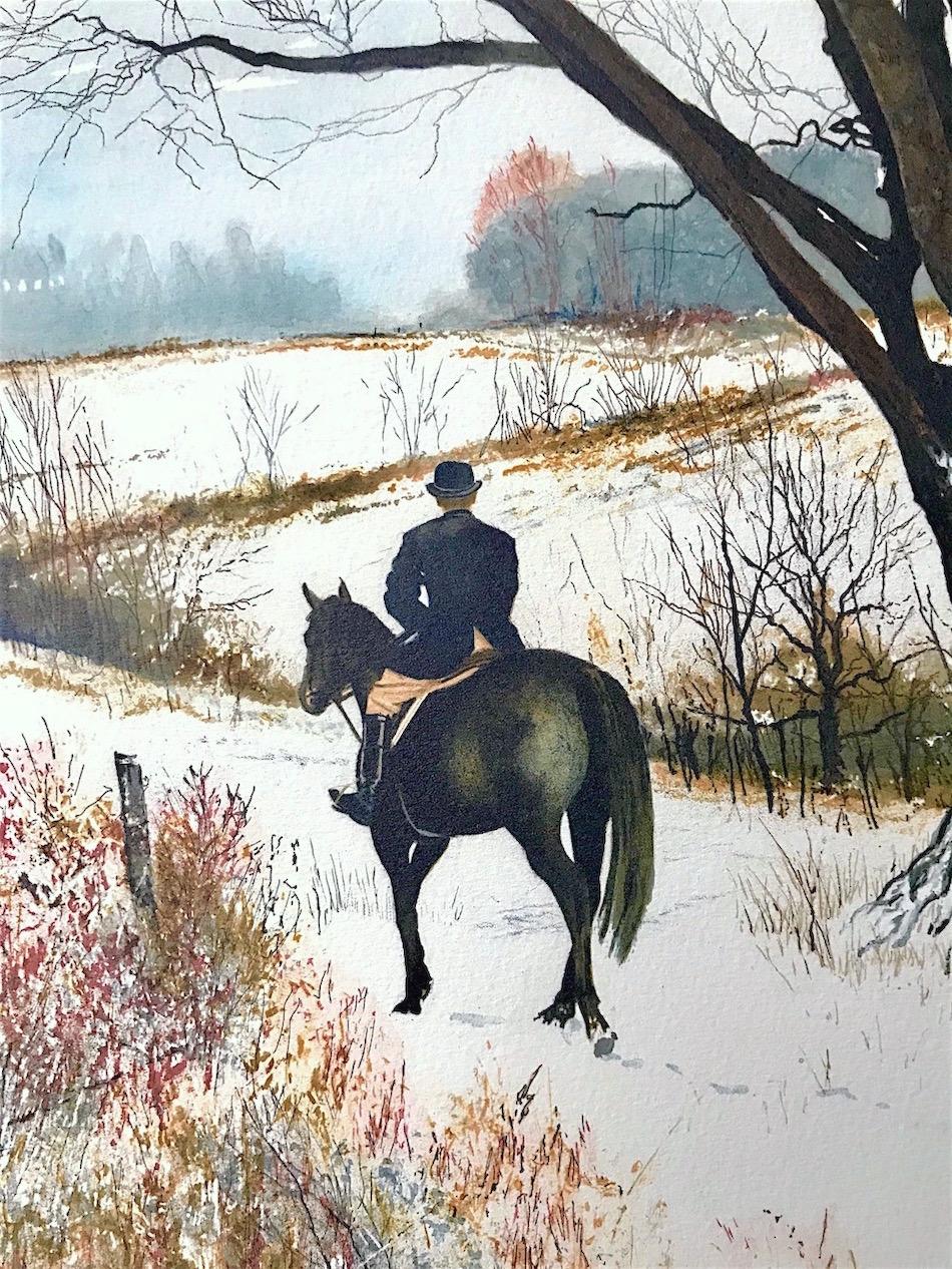HILLTOPPER Signed Lithograph, Snow Covered Hilltop, Equestrian English Riding - Realist Print by Peter Sculthorpe
