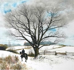 HILLTOPPER Signierte Lithographie, Schnee bedeckter Hügel, englischer Reiter auf Englischem Pferd