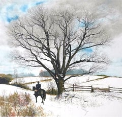 Vintage HILLTOPPER Signed Lithograph, Snow Covered Hilltop, Equestrian English Riding