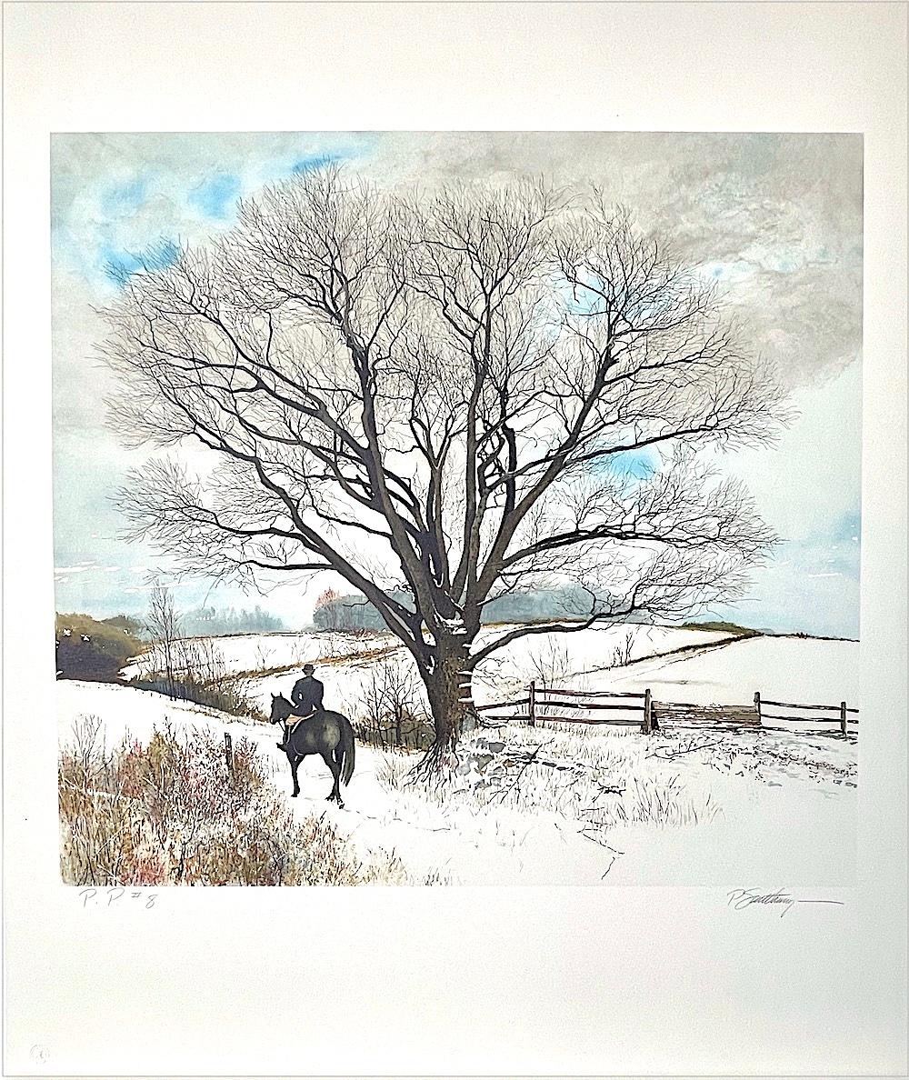 HILLTOPPER Litografía firmada, Paisaje invernal, Caballo, Equitación inglesa - Print de Peter Sculthorpe