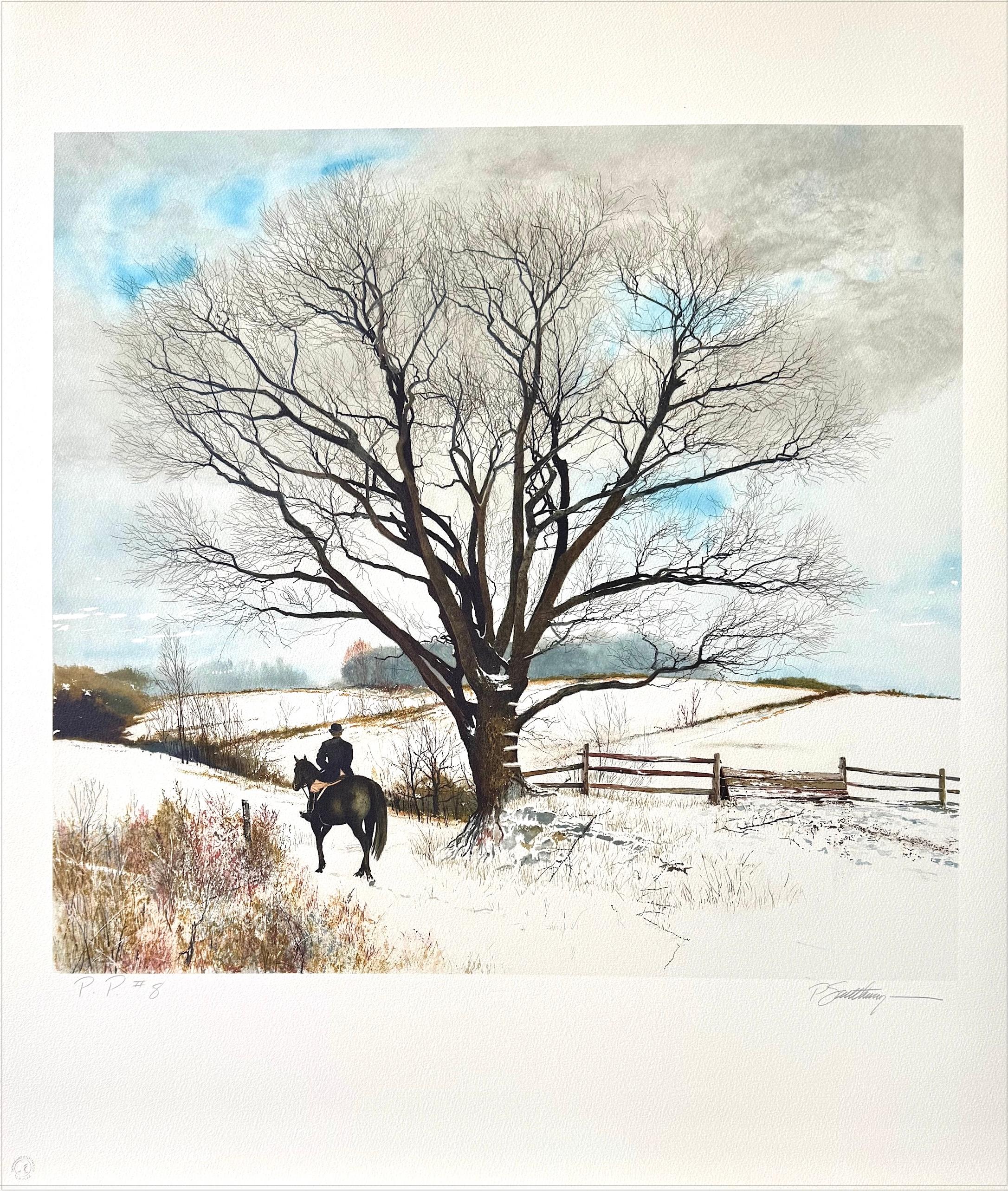 HILLTOPPER Signierte Lithographie, Winterlandschaft, Pferd, englischer Reiter, englischer Reiter – Print von Peter Sculthorpe