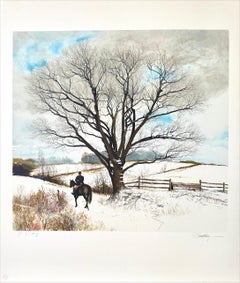 HILLTOPPER Signed Lithograph, Winter Landscape, Horse, Equestrian English Riding