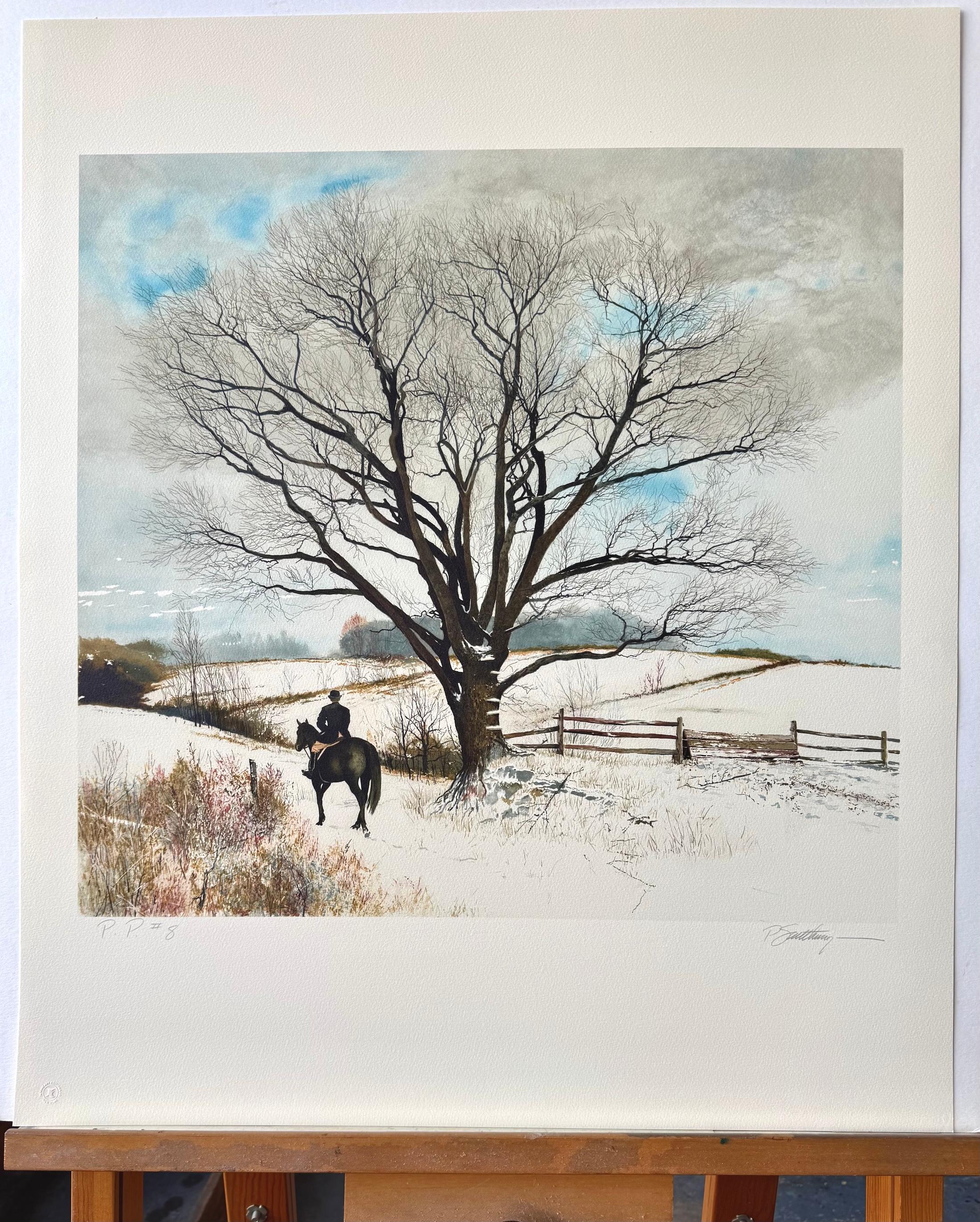 HILLTOPPER Signierte Lithographie, Winterlandschaft, Pferd, englischer Reiter, englischer Reiter im Angebot 3