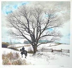 HILLTOPPER Litografia firmata, Paesaggio invernale, Cavallo, Equitazione Inglese