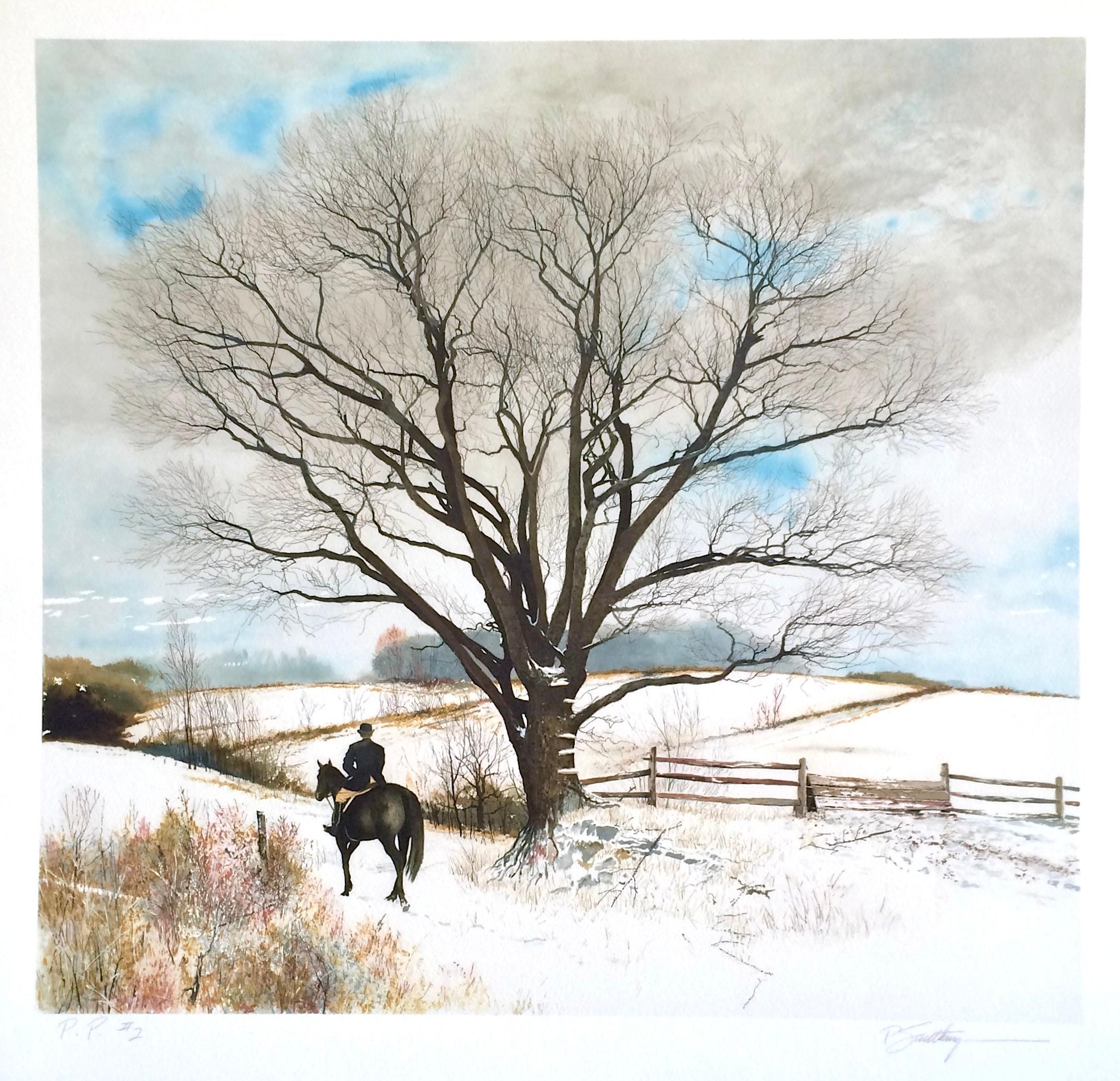 HILLTOPPER Signierte Lithographie, Winterlandschaft, Pferd, englischer Reiter, englischer Reiter