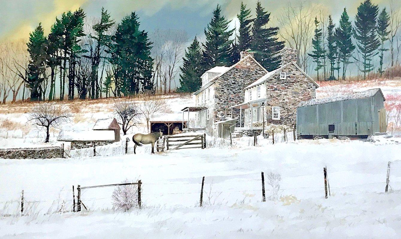 LITTLEWOODS Signed Lithograph, Historic Stone Farmhouse, Bucks County Landscape - Print by Peter Sculthorpe