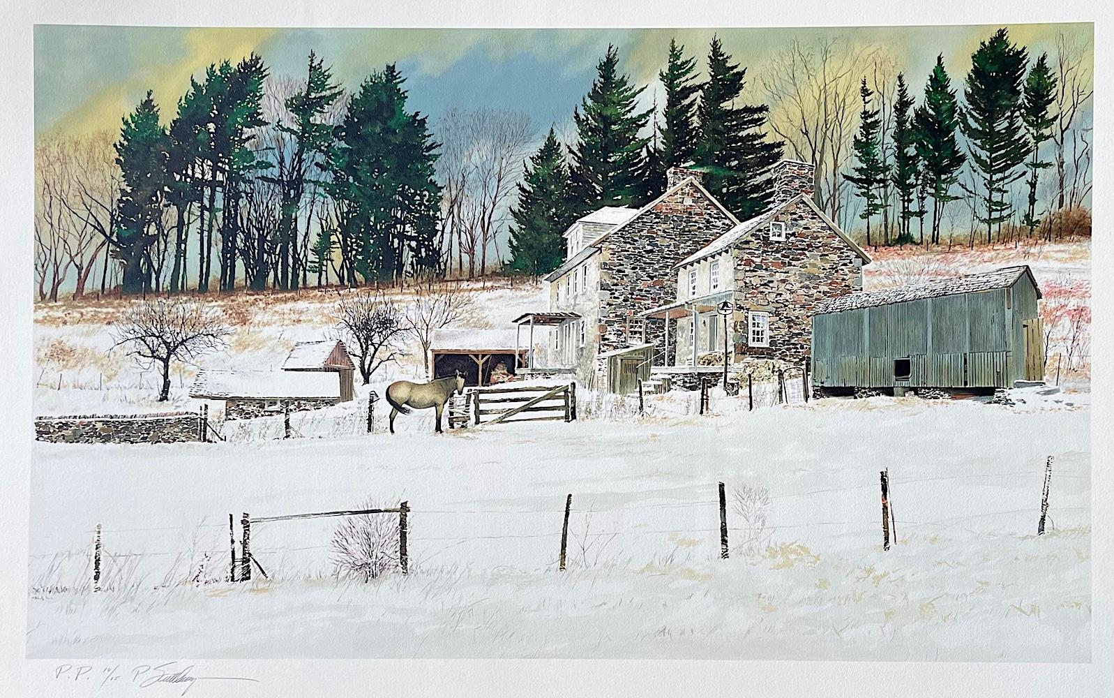 LITTLEWOODS Litografía firmada, histórica granja de piedra, paisaje del condado de Bucks - Print de Peter Sculthorpe