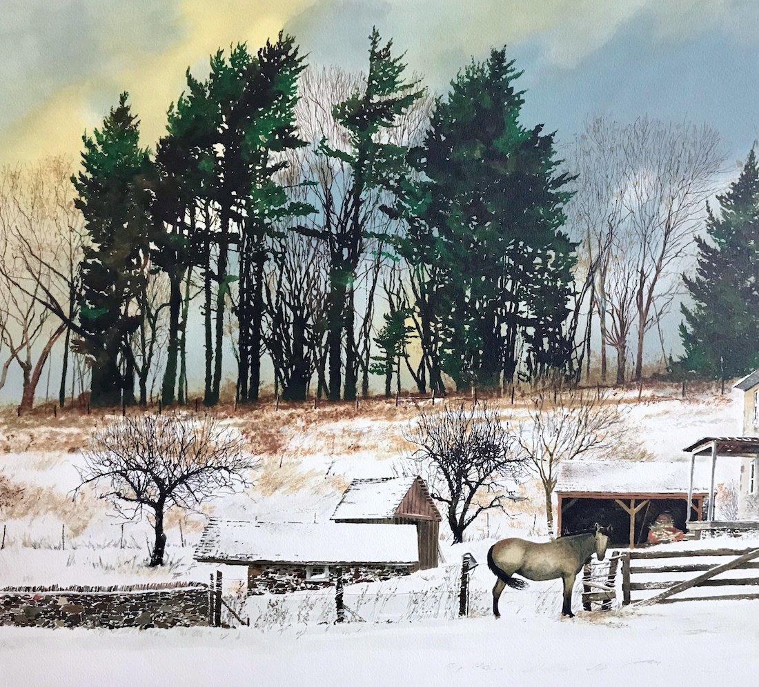 LITTLEWOODS Signed Lithograph, Historic Stone Farmhouse, Bucks County Landscape - Realist Print by Peter Sculthorpe