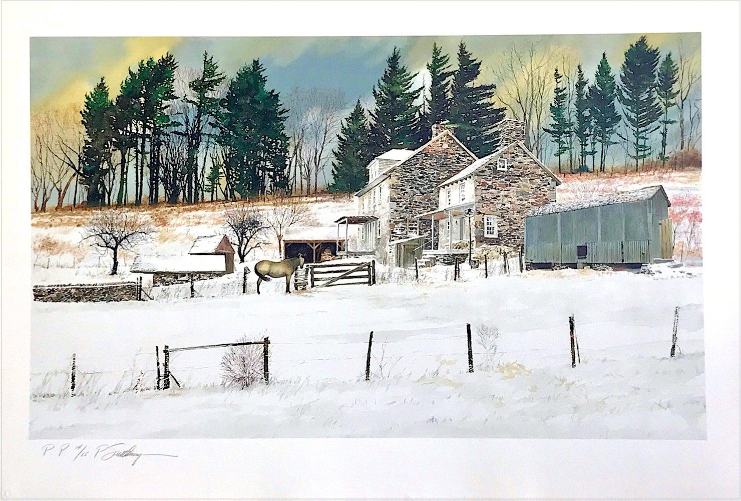 Peter Sculthorpe Landscape Print - LITTLEWOODS, Signed Lithograph, Historic Stone Farmhouse, Bucks County Landscape