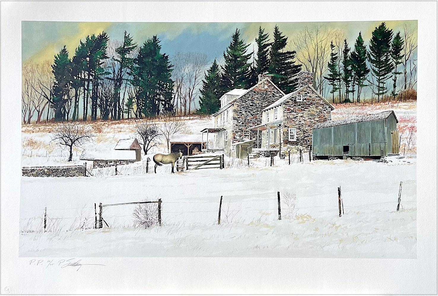 LITTLEWOODS Litografía firmada, histórica granja de piedra, paisaje del condado de Bucks