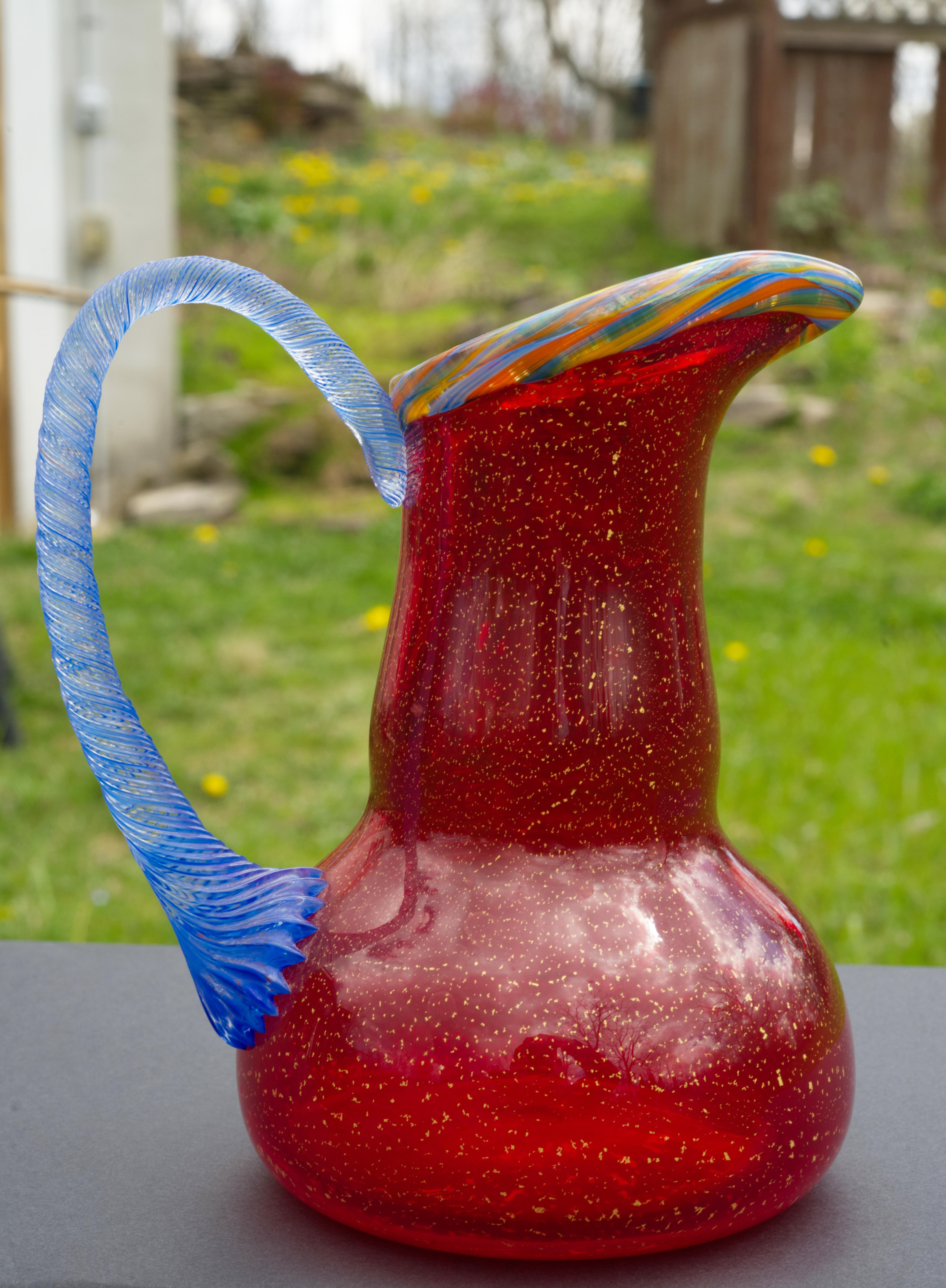 Peter Secrest Art Glass Vase Pitcher Red Gold Flakes Postmodern 2003 For Sale 4