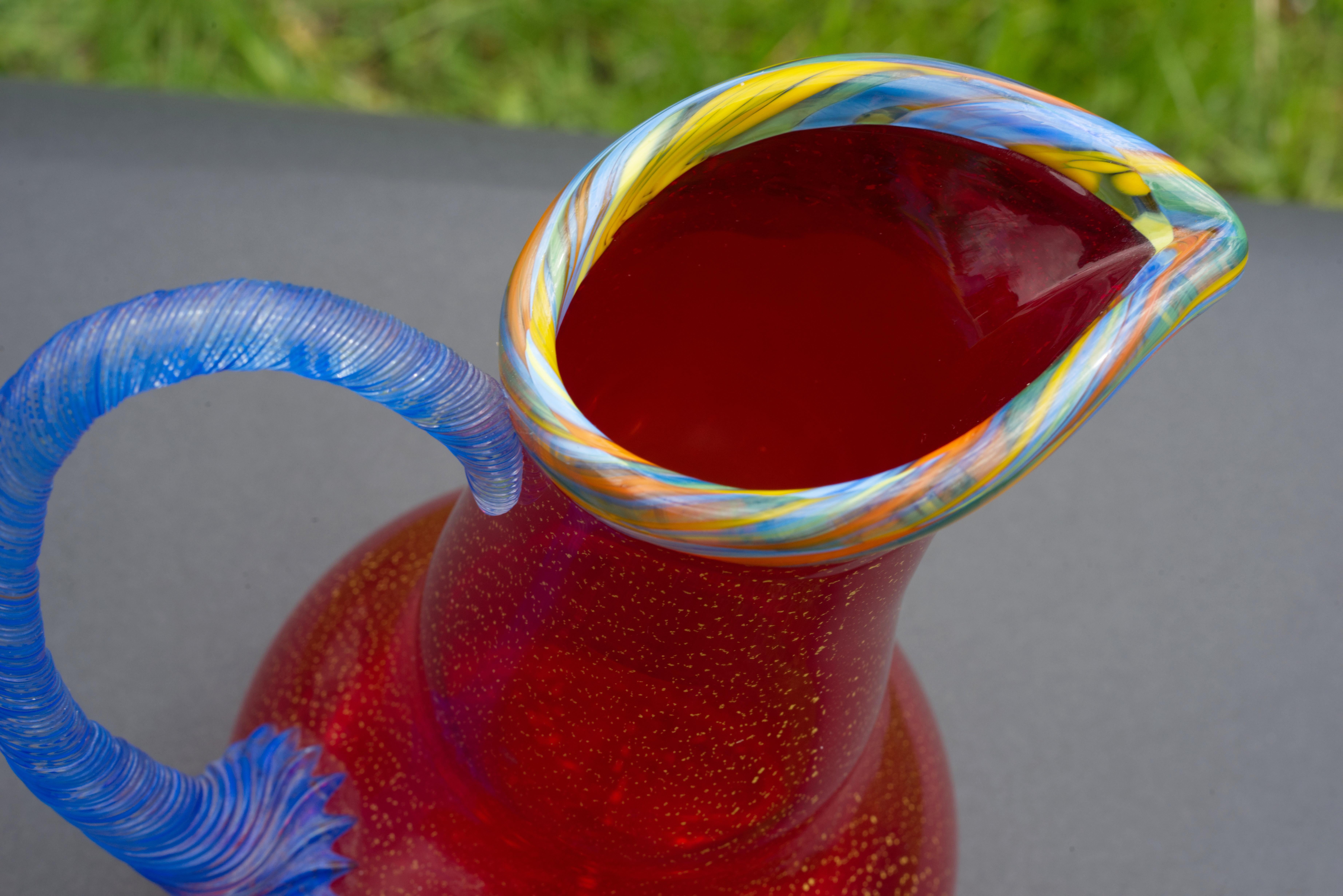 Peter Secrest Art Glass Vase Pitcher Red Gold Flakes Postmodern 2003 For Sale 5