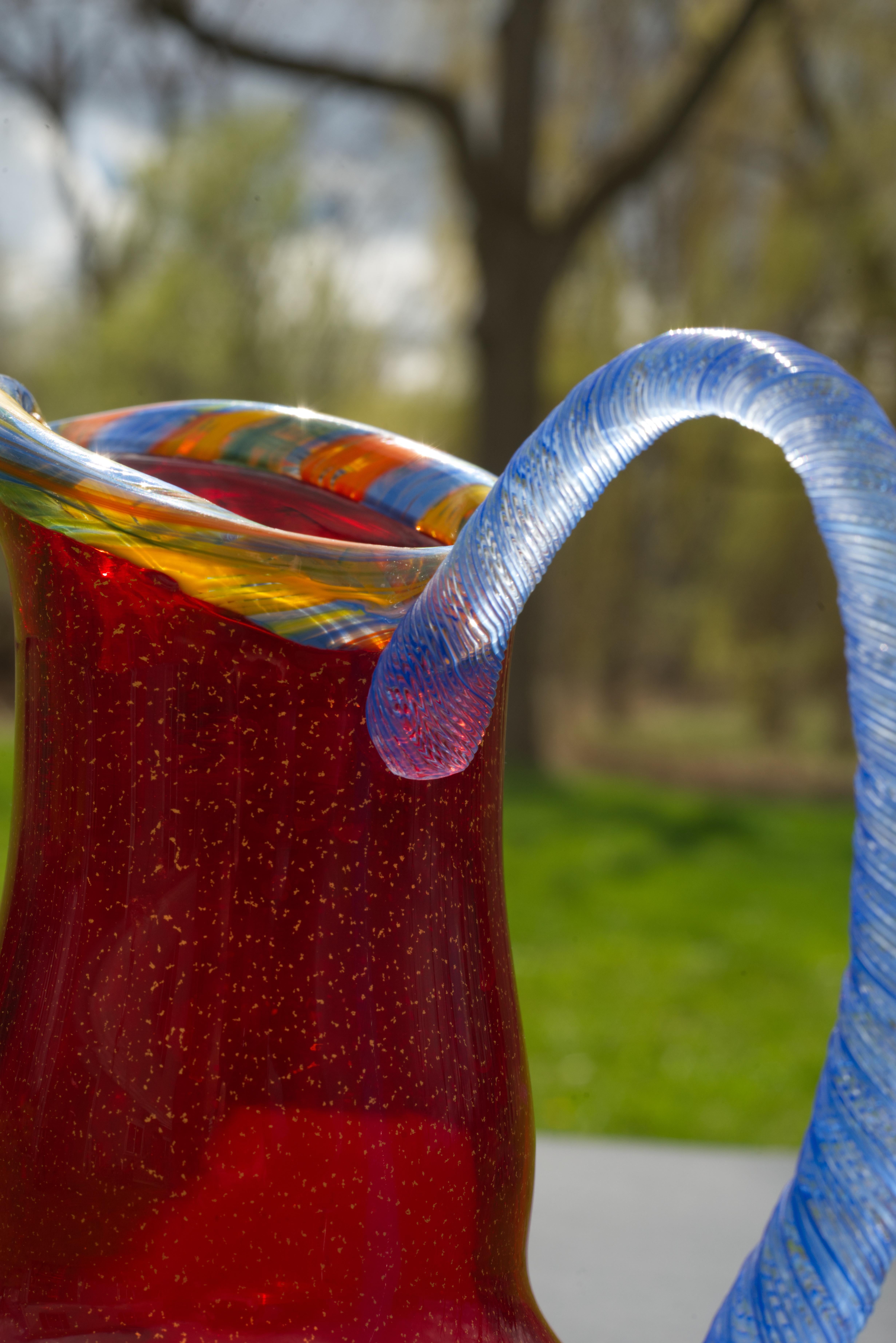Peter Secrest Art Glass Vase Pitcher Red Gold Flakes Postmodern 2003 For Sale 8