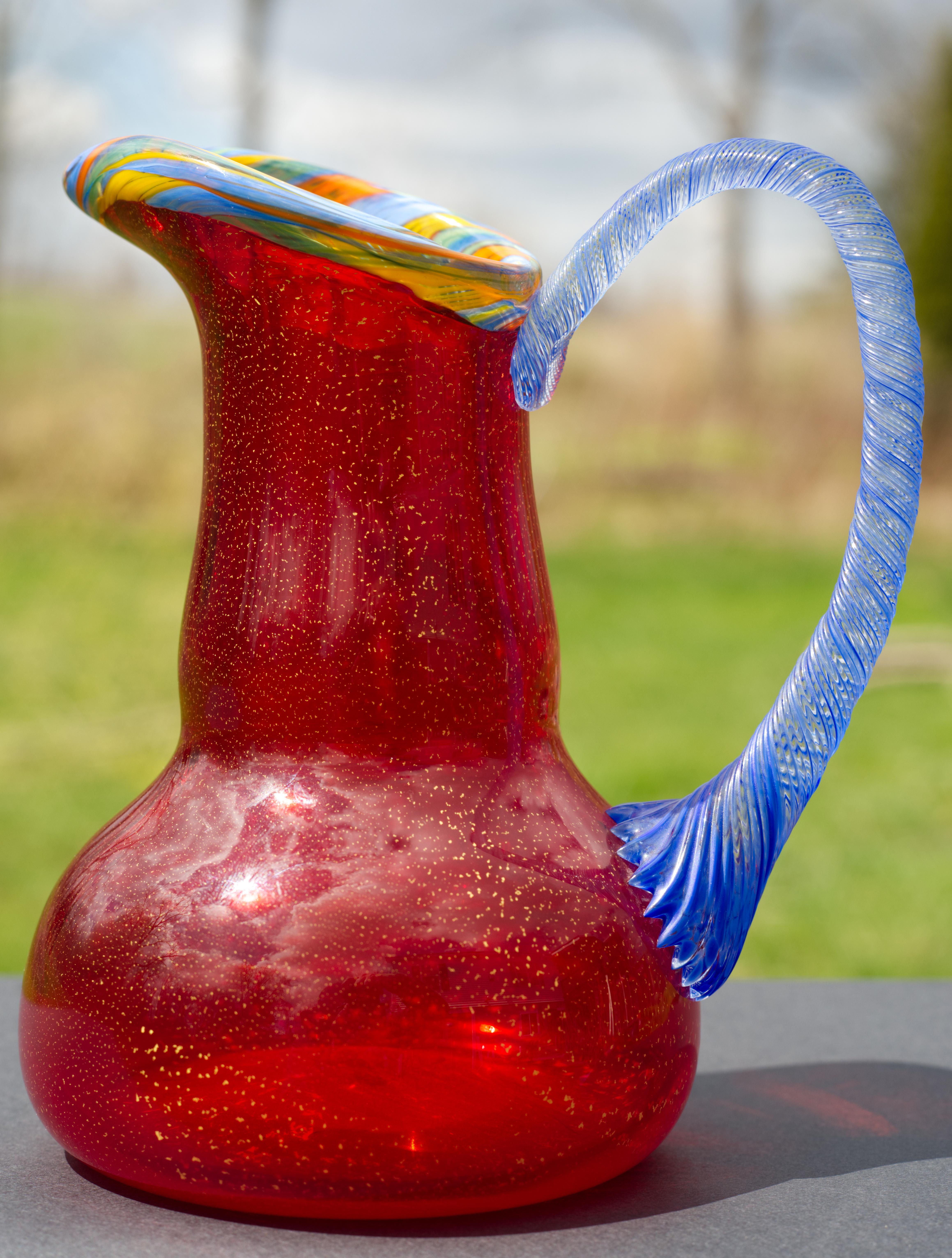 Post-Modern Peter Secrest Art Glass Vase Pitcher Red Gold Flakes Postmodern 2003 For Sale
